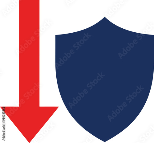 Red arrow pointing down next to dark blue shield security concept