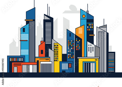 Set of Multi-Colored Modern City Skyline Icons Vector Illustration Representing Urban Architecture, Corporate Centers, and Real Estate Development