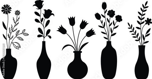 Flower vase silhouettes collection illustration, minimalist floral arrangements set, decorative home interior plants, modern botanical black vector design