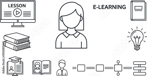 E-learning platform icons representing online education with various learning materials and resources available digitally