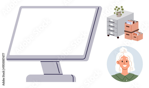 Office organization, remote work, digital communication, workspace setup, business management, administrative tasks. Computer monitor with blank screen, filing cabinets female avatar. Office