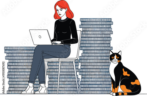 Successful woman working comfortably on a laptop, sitting next to immense stacks of coins and a watchful cat, symbolizing financial success and high passive income.