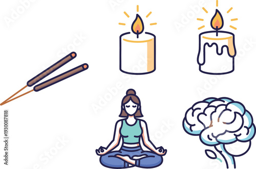 Vector Icon Set of Wellness and Mental Health Symbols, Including Meditation, Brain, Candles, and Incense, for Relaxation.