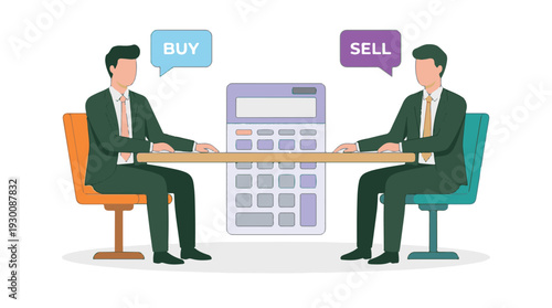 Two businessmen making financial buy and sell decisions with a calculator