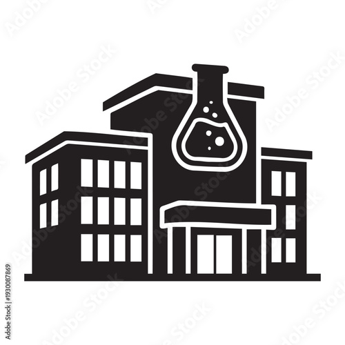 A black and white illustration of a laboratory building