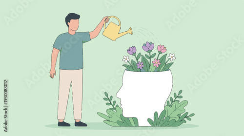 Nurturing mental health: Man waters flowers growing from a human head