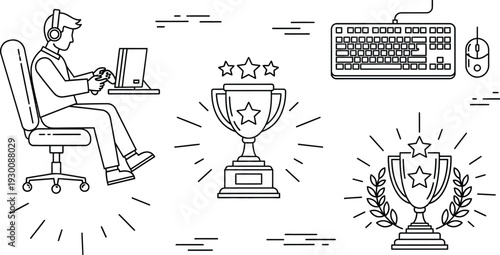 Man playing video games on laptop with trophies symbolizing achievement and victory in competitive gaming