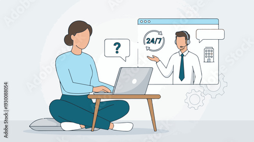Woman seeking online customer support from a 24/7 helpdesk agent