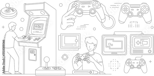 People playing video games on various gaming consoles and devices with different controllers and screens