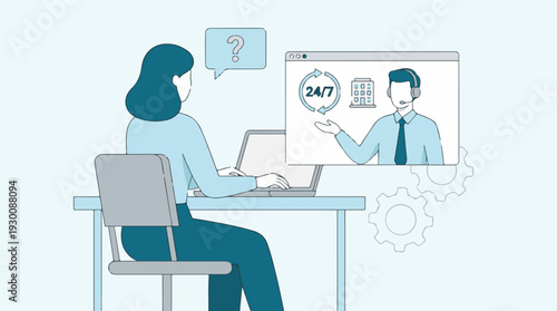 Woman uses laptop for online customer support video call with agent