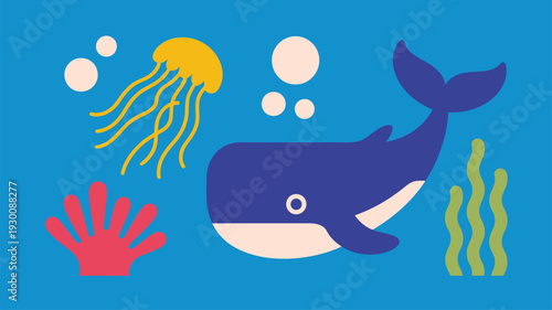 Cartoon whale jellyfish coral seaweed ocean