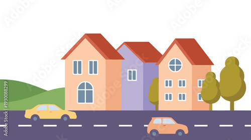 Flat design illustration of houses, cars, and trees in a neighborhood