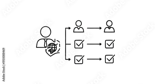 Global network security and task delegation process illustration.