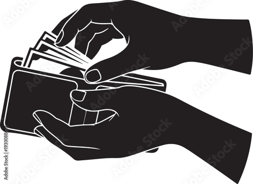 Black and white of hands holding wallet and pulling out cash