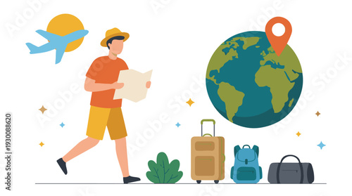 Traveler with map and luggage exploring the world, global journey concept