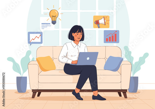 Young professional businesswoman working remotely on a laptop from the comfort of a home office couch, surrounded by marketing and innovation icons.