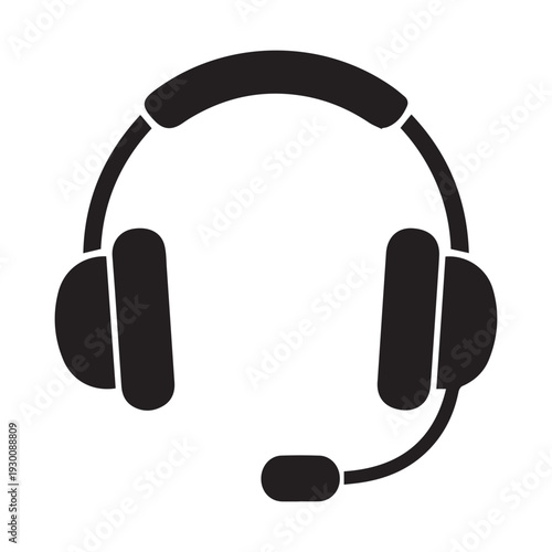 A black and white icon of a headset with a microphone