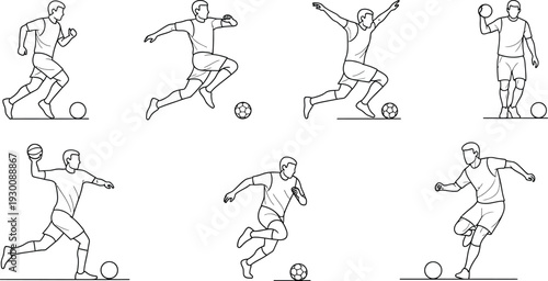 Collection of dynamic soccer player illustrations showcasing various techniques and movements in a simple line art style