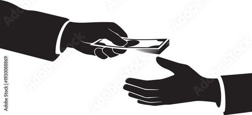 Black and white of two hands exchanging money exchange