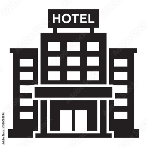 A black and white icon of a hotel building