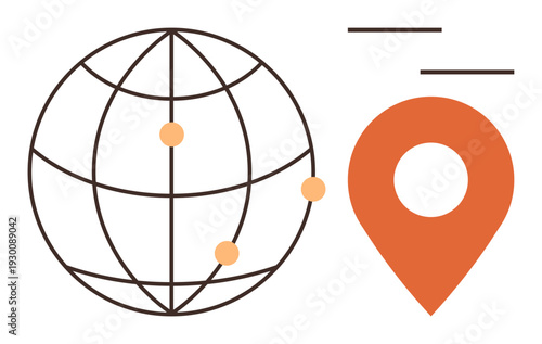 Navigation tools, geolocation, global connection, technological applications, GPS systems, travel logistics. Globe with map pin graphic. Navigation tools and geolocation concept