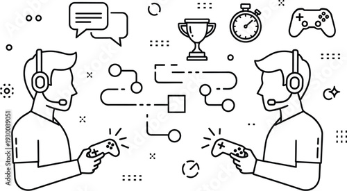 Two gamers wearing headphones play video games together online with a competitive gaming tournament atmosphere