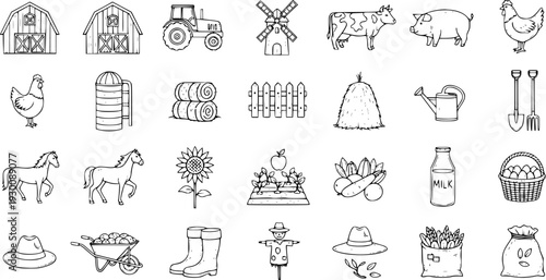 Hand-drawn Farm and Agriculture Doodles Set. Vector line art collection of barn, animals, tractor, tools, crops, and food icons on a white background.