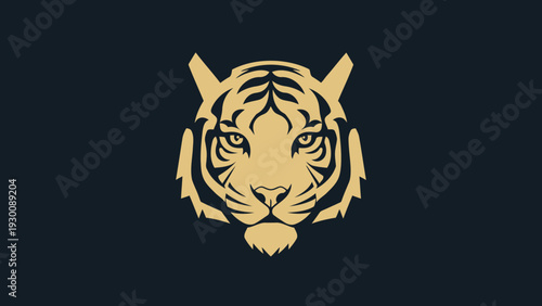 Golden Tiger Head Emblem with Intense Gaze on Dark Background.