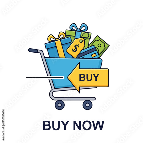 Shopping cart filled with gift boxes and money, viewed from the side, illustrating the concept of buying and e-commerce