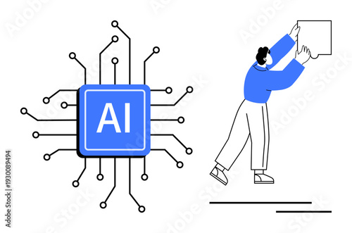 Artificial intelligence. AI ed by a microchip design and a person engaging with a technological element. Artificial intelligence for innovation, workflow design, and modern systems. Ideal