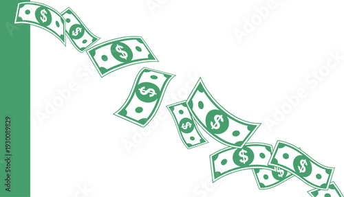 Falling money vector illustration with flying dollar banknotes, financial loss and economic decline concept, cash flow decrease symbol isolated on white background