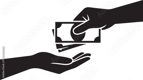 Black silhouette of hand giving banknotes to another hand