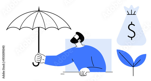 Man holding an umbrella symbolizing financial security and insurance with money bag representing wealth and green leaf for sustainability. Ideal for financial planning, wealth management, investment