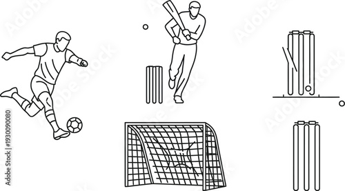 Simple line drawings of soccer and cricket players in action with sports equipment and goals
