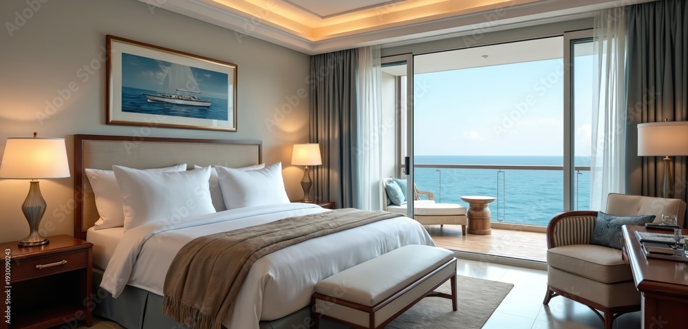 Obraz premium Luxury hotel suite with ocean view balcony. Nautical decor includes ship painting. Plush bedding and elegant furniture provide comfort. Relaxing maritime theme.