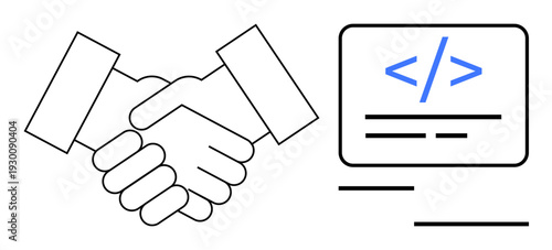 Collaboration, technology, coding, partnerships, teamwork, digital business. Handshake next to coding symbol. Collaboration and technology through handshake and coding