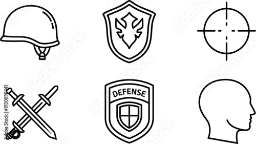 Set of military symbols and defense icons in simple black line art design on white background
