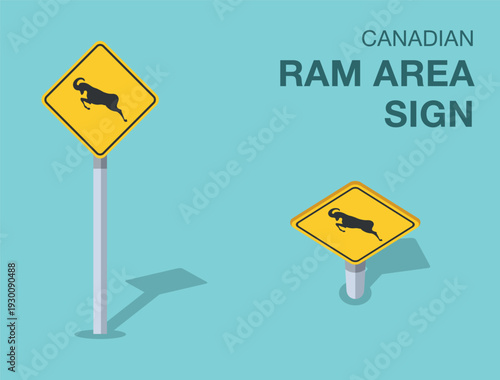 Traffic regulation rules. Isolated canadian "ram area" road sign. Front and top view. Flat vector illustration template.