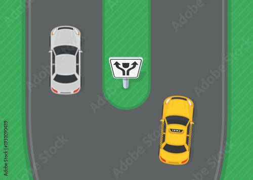 Safe driving tips and traffic regulation rules. "Keep to the right or left" sign area . Top view of a taxi and sedan at  divided island. Flat vector illustration template.