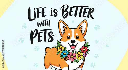 Smiling corgi dog wearing colorful flower necklace life better pets