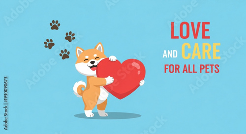 Cute dog holding heart with paw prints love and care for pets concept on blue background