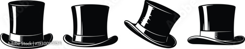 Black and white vector illustration of elegant vintage top hats in various angles, classic formal headwear icons for gentleman fashion design.