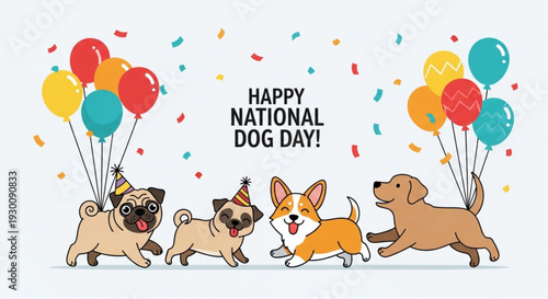 Four happy dogs celebrating national dog day with colorful balloons and confetti