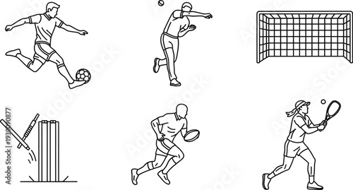 Various sports icons including soccer, cricket, rugby, and tennis players in action poses on white background illustration