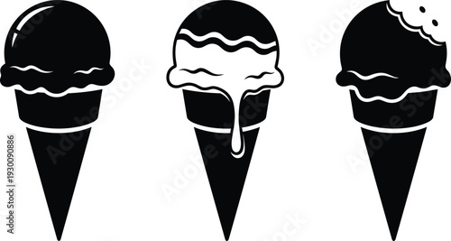 Black and white vector silhouettes of ice cream cones including melting and bitten scoops, sweet summer dessert icons for menus.