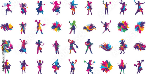 Vibrant dancing people silhouettes in colorful splashes