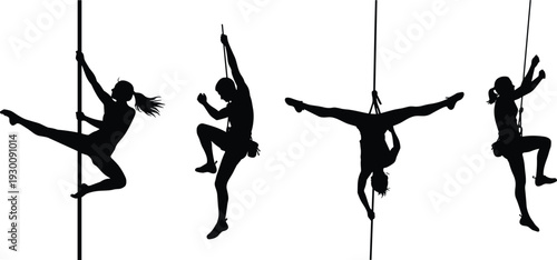 Black silhouette set of athletic people performing pole fitness and rock climbing indoor or outdoor sports isolated on white background.