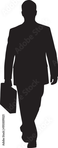 Silhouette of a businessman walking towards the viewer with a briefcase, symbolizing ambition, career advancement, and the forward momentum of professional life.