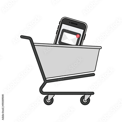 Vector illustration of a shopping cart with a mobile phone displaying an envelope on the screen, representing e-commerce and online shopping.