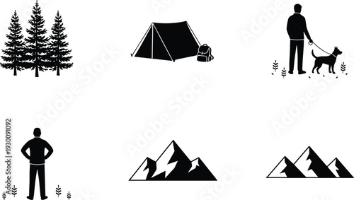 Black silhouette set of camping tent pine trees hiker with dog and mountain peaks for outdoor adventure and wilderness travel.